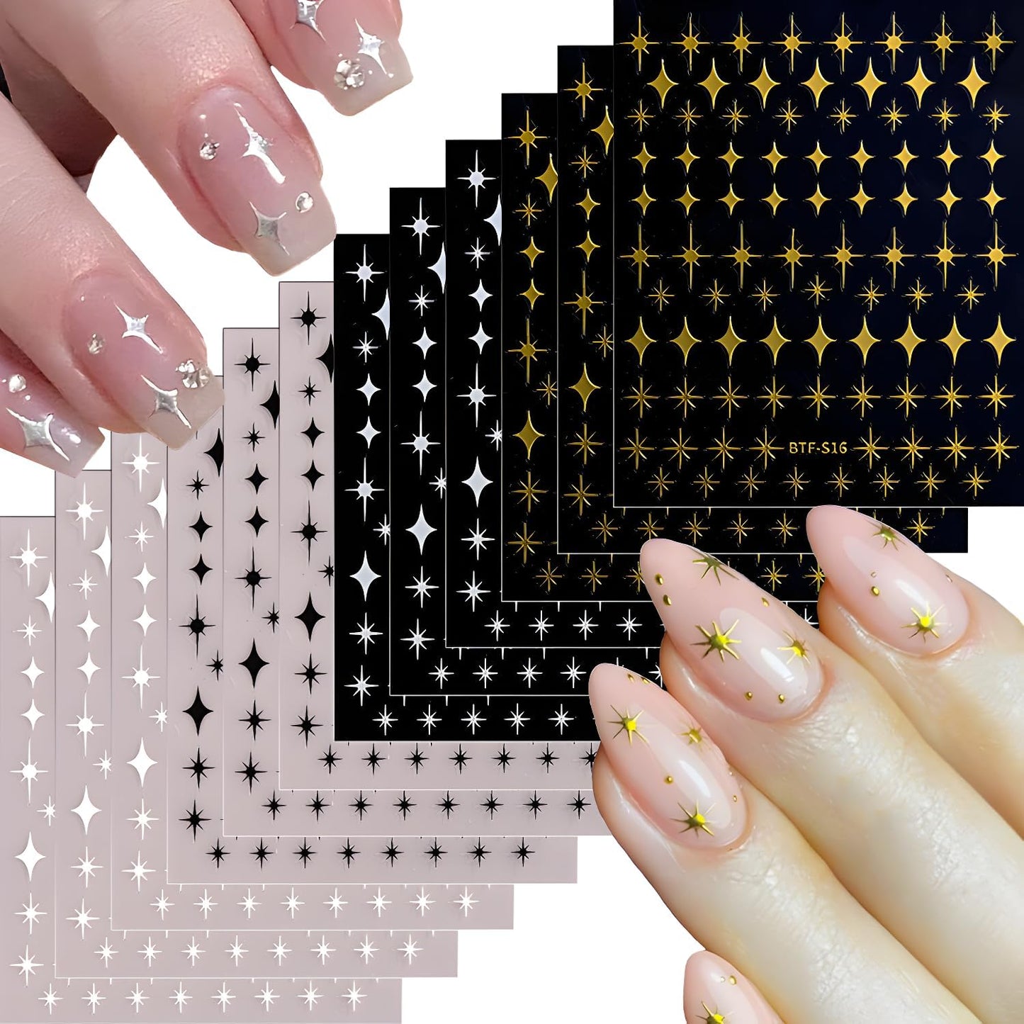 3D Self-Adhesive Star Nail Art Stickers - 12 Sheets Silver Gold Black White Decals for Acrylic Nails - Nail Design Supplies for Women Girls-FemmiqueWomen