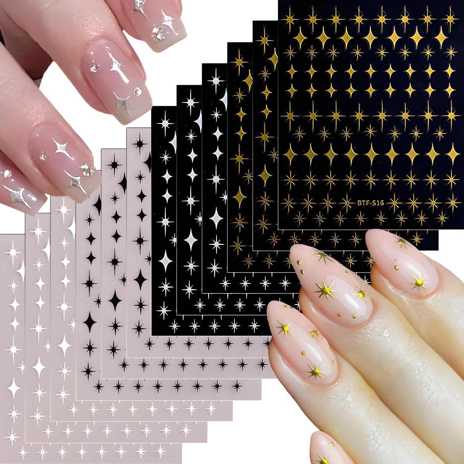3D Self-Adhesive Star Nail Art Stickers - 12 Sheets Silver Gold Black White Decals for Acrylic Nails - Nail Design Supplies for Women Girls-FemmiqueWomen