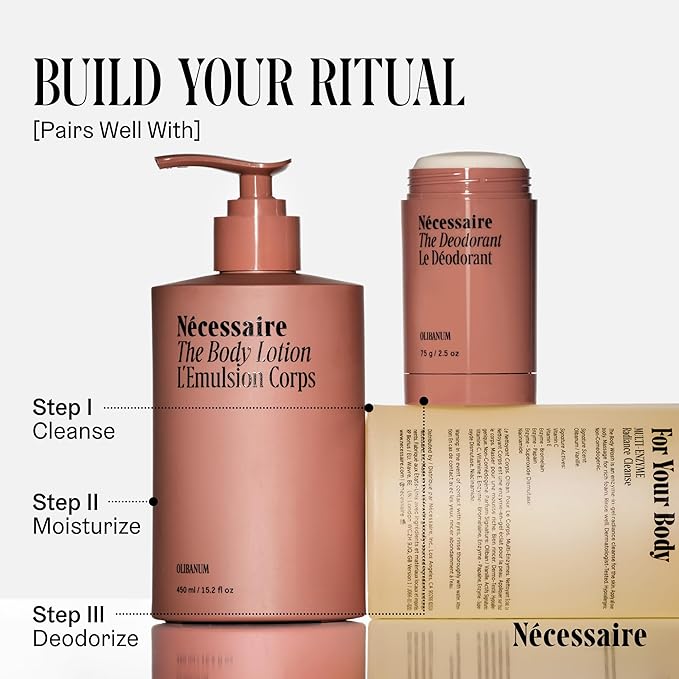 Nécessaire The Body Lotion with Pump. Olibanum. Multi-Peptide Firming to Moisturize + Strengthen. 2.5% Niacinamide, Vitamin C/E + Omega 6/9. Notes of Vanilla, Fig Leaf, & Cassis Buds. 450ml/15.2 fl oz-FemmiqueWomen
