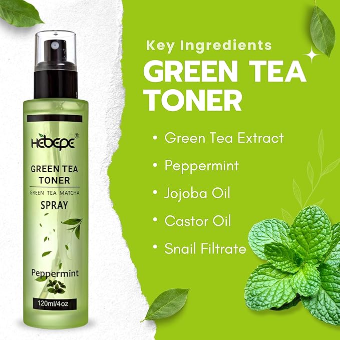 Green Tea Matcha Facial Toner Mist with Peppermint, Refreshing, Moisturizing, and Soothing Face Toner, with Jojoba Oil, Castor Oil, Snail Filtrate,120ml-FemmiqueWomen