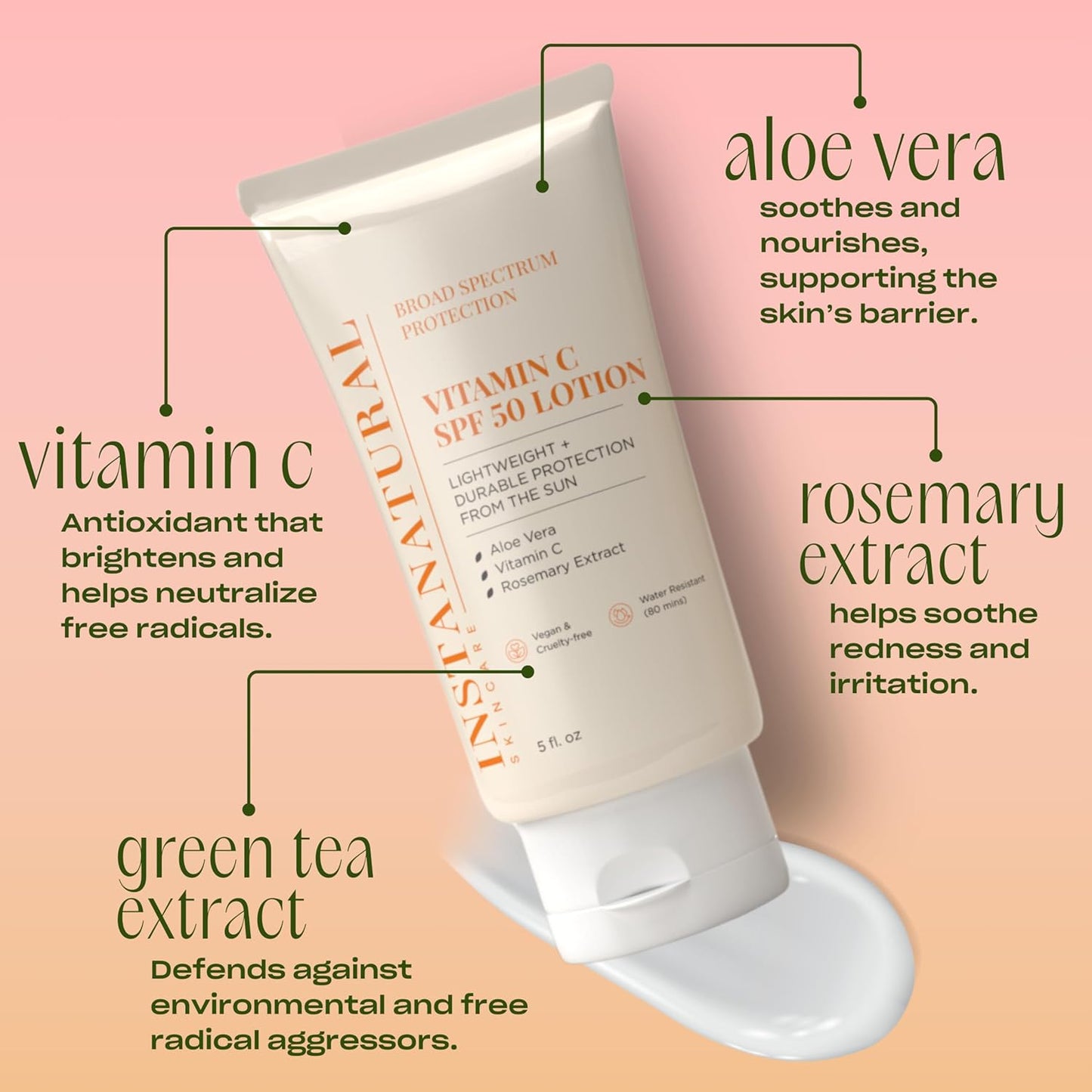 InstaNatural Skin Care Vitamin C SPF 50 Broad Spectrum Sunscreen Lotion, Lightweight, Non-Greasy Moisturizer for Body & Face, UVA, UVB Sunblock, with Aloe Vera & Botanicals, 5 Fl Ounce (Pack of 1)-FemmiqueWomen