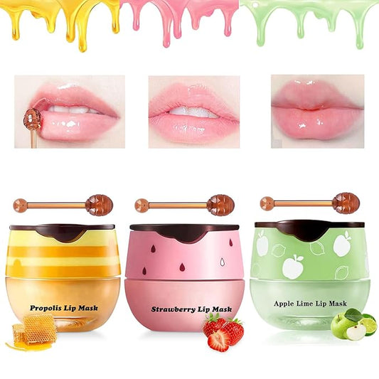 3PCS Bee Lip Balm Honey Lip Balm,Exfoliating Honey Pot Lip Balm Sleeping Lip Mask with Brush, Hydrating & Prevention Dry and Cracked, Lip Scrubs Exfoliator & Moisturizer-FemmiqueWomen
