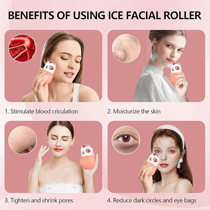 2pcs Ice Roller for Face and Eye, Silicone Ice Facial Roller Ice Holder, Face Ice Mold Skin Care, Face Icers Reusable Ice Cube Roller for Shrink Pores Anti Wrinkle Reduce Puffiness, Pink Green-FemmiqueWomen