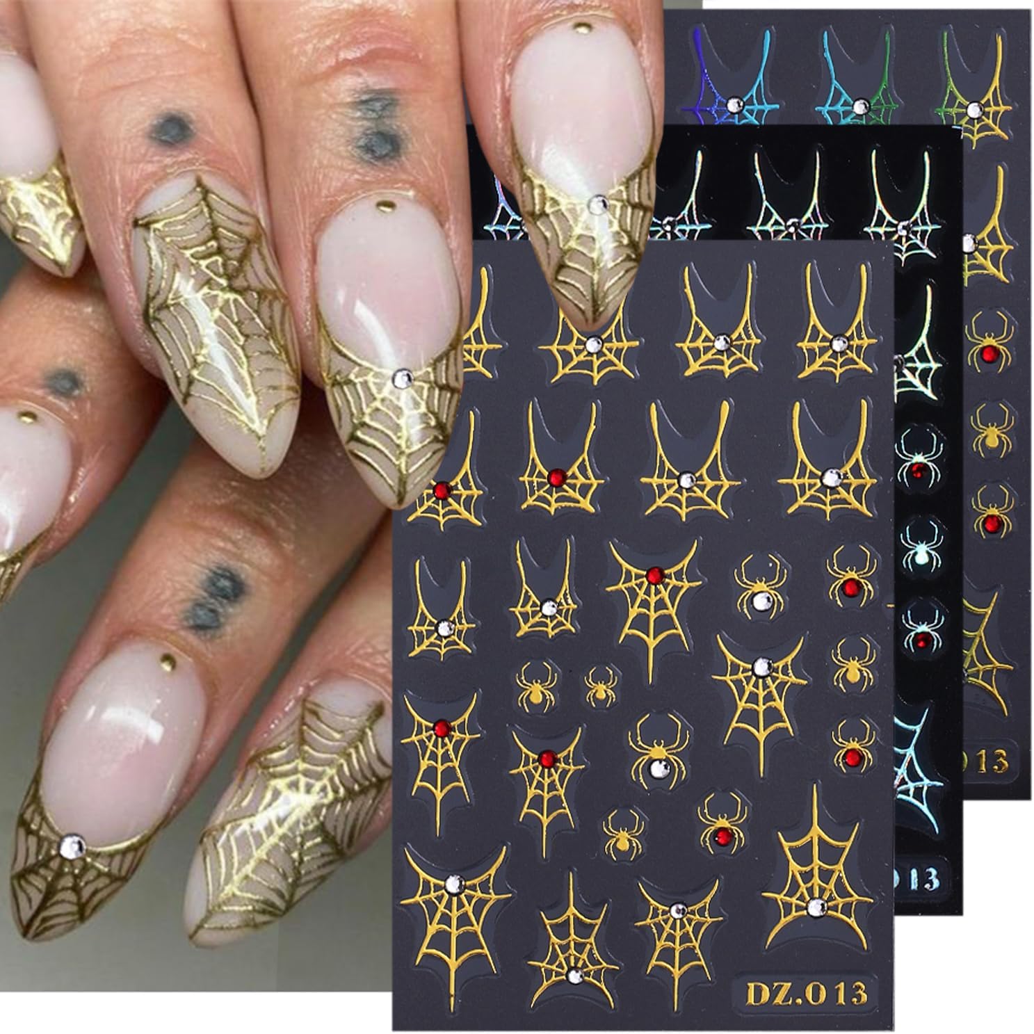 3 Sheets Spider Web Nail Stickers for Nail Art Gold Silver Halloween Nail Art Stickers Holographic Laser Spider Nail Decals With Diamond Designs 5D Self-Adhesive Scary Halloween Nail Sticker for Women-FemmiqueWomen
