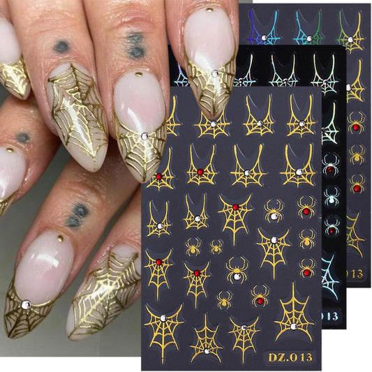3 Sheets Spider Web Nail Stickers for Nail Art Gold Silver Halloween Nail Art Stickers Holographic Laser Spider Nail Decals With Diamond Designs 5D Self-Adhesive Scary Halloween Nail Sticker for Women-FemmiqueWomen