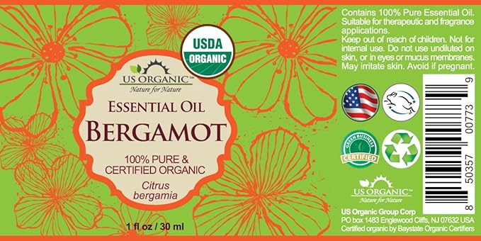 US Organic 100% Pure Bergamot Essential Oil, USDA Certified Organic, Cold Pressed, with Euro droppers (More Size Variations Available) (30 ml / 1 fl oz)-FemmiqueWomen