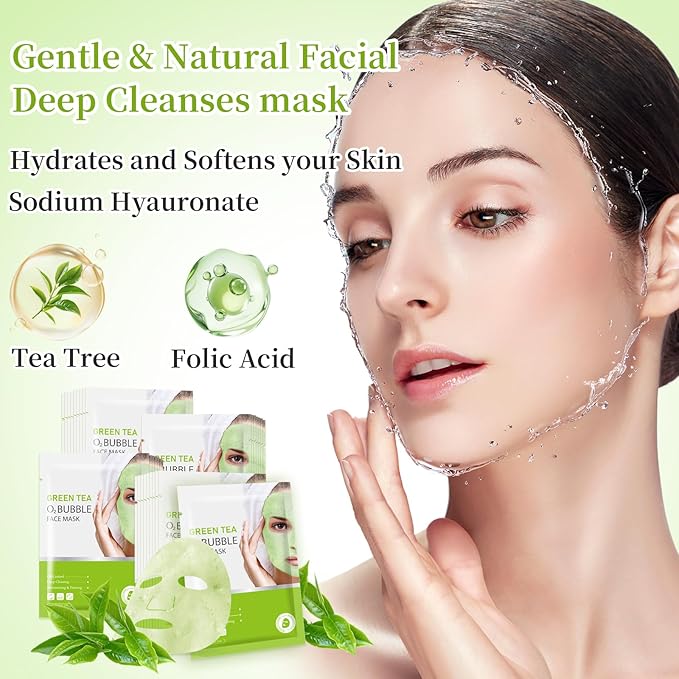 10 Sheets Face Masks Skincare O2 Bubble Green Tea Face Mask, Cleaner Bubble Sheet Masks Foaming Purifying Facial Mask for Pores, Moisturizing Spa Face Masks Skin Care For All Skin Type-FemmiqueWomen
