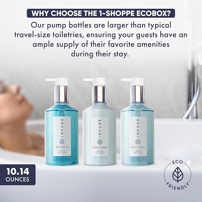 1-Shoppe Infuse 40 Piece Ecobox All-In-Kit | White Tea and Coconut Soap | 12 Shampoo, 8 Conditioner, 12 Body Wash & 8 Lotion | 10oz Hotel Soaps and Toiletries Bulk | Personal Care Products-FemmiqueWomen