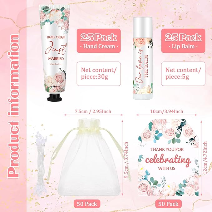 25 Set Wedding Lip Balms and Hand Cream Gift Set Include 25 Moisturizing Hand Care Cream 25 Lip Balms with Thank You Cards and Bags Bridesmaid Gift Set for Bridal Shower Wedding(Floral)-FemmiqueWomen