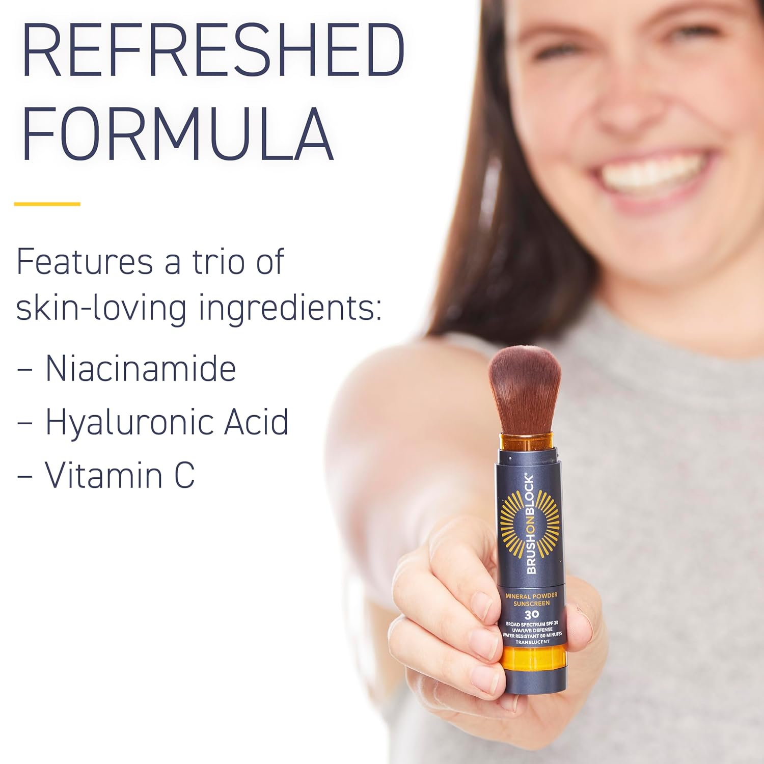 Brush On Block SPF 30 Mineral Powder Sunscreen New Formula, With Niacinamide, Hyaluronic Acid, & Vitamin C, Broad Spectrum, Water Resistant, Translucent, For All Skin Types, Reef Friendly, Mfg in USA-FemmiqueWomen