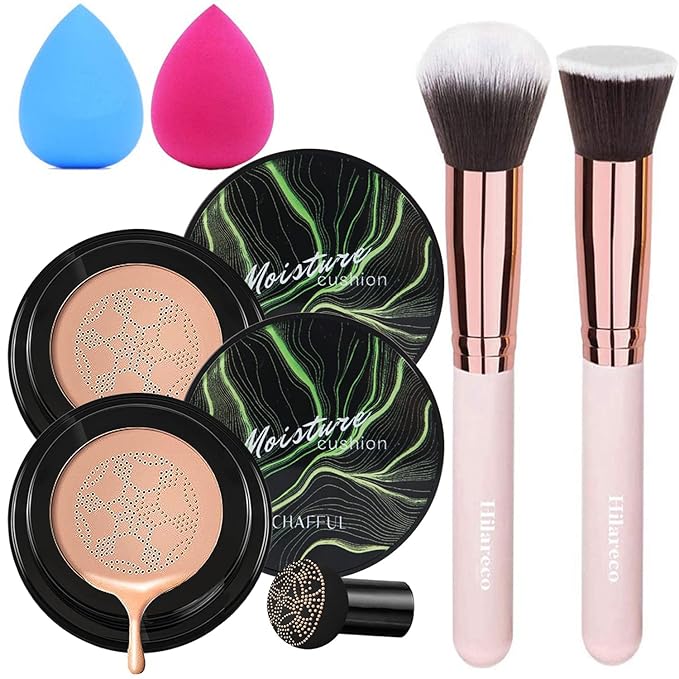 2 PCS Mushroom Head Air Cushion CC Cream Nature Foundation,Foundation Brush Powder Brush,Moisturizing Concealer, Bright Makeup Base Long Lasting with Mushroom Makeup Sponge(#05 Sand)-FemmiqueWomen