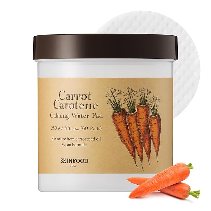 SKINFOOD Carrot Carotene Calming Water Toner Pads, Korean Skin Care Toner Pad for Face, Deep Hydrating, Soothing, After Sun Skincare for Sensitive Skin, Redness Relief, 100% Cotton, 8.81 oz (60 Pads)-FemmiqueWomen