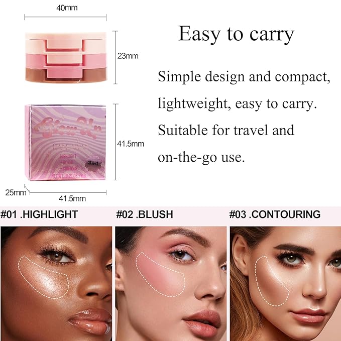 3-in-1 Blendable Trio, Contour and Highlight Blush Makeup Palette, Cream Bronzer, Silky Smooth Powder Blush, Shimmer Highlighter Makeup Powder, Pink Brown Eyeshadow Palette with Mirror(03)-FemmiqueWomen