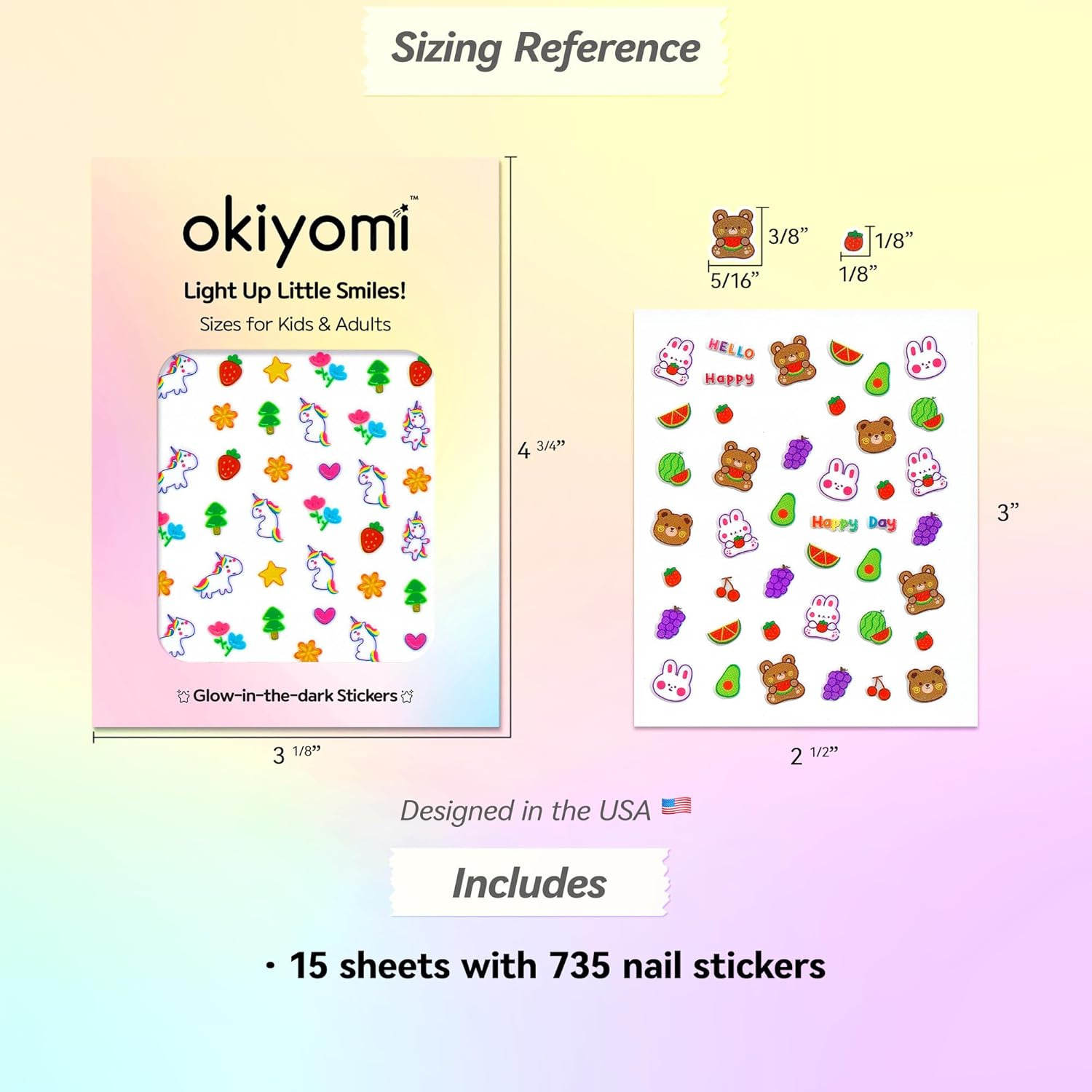 15 Sheets of Nail Stickers for Kids - 735 Cute Nail Stickers - Nail Decals for Girls - Flower, Bunny, Unicorn, Bear, Fruits | Glow in The Dark-FemmiqueWomen