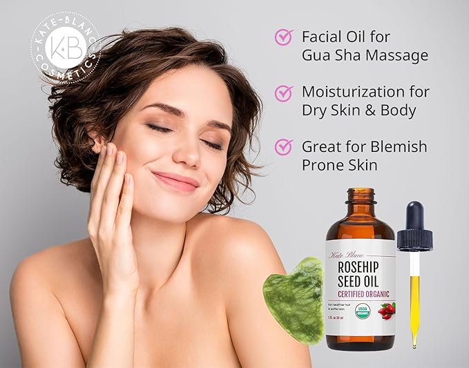 Kate Blanc Cosmetics Rosehip Oil for Face with Jade Gua Sha Stone (1oz, Organic, Pure, Cold Pressed) Rosehip Seed Face Oil for Gua Sha Massage-FemmiqueWomen