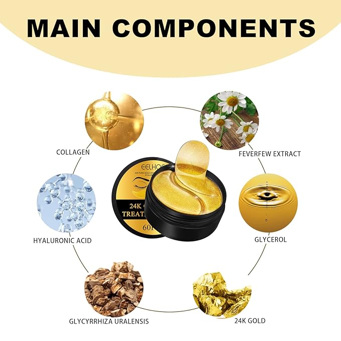 24k Gold Under Eye Patches, 60 Pcs Eye Gels, Anti-Aging Collagen Hyaluronic Acid Under Eye Mask, Under Eye Mask for Dark Circles and Puffiness, Eye Bags, Wrinkles-FemmiqueWomen