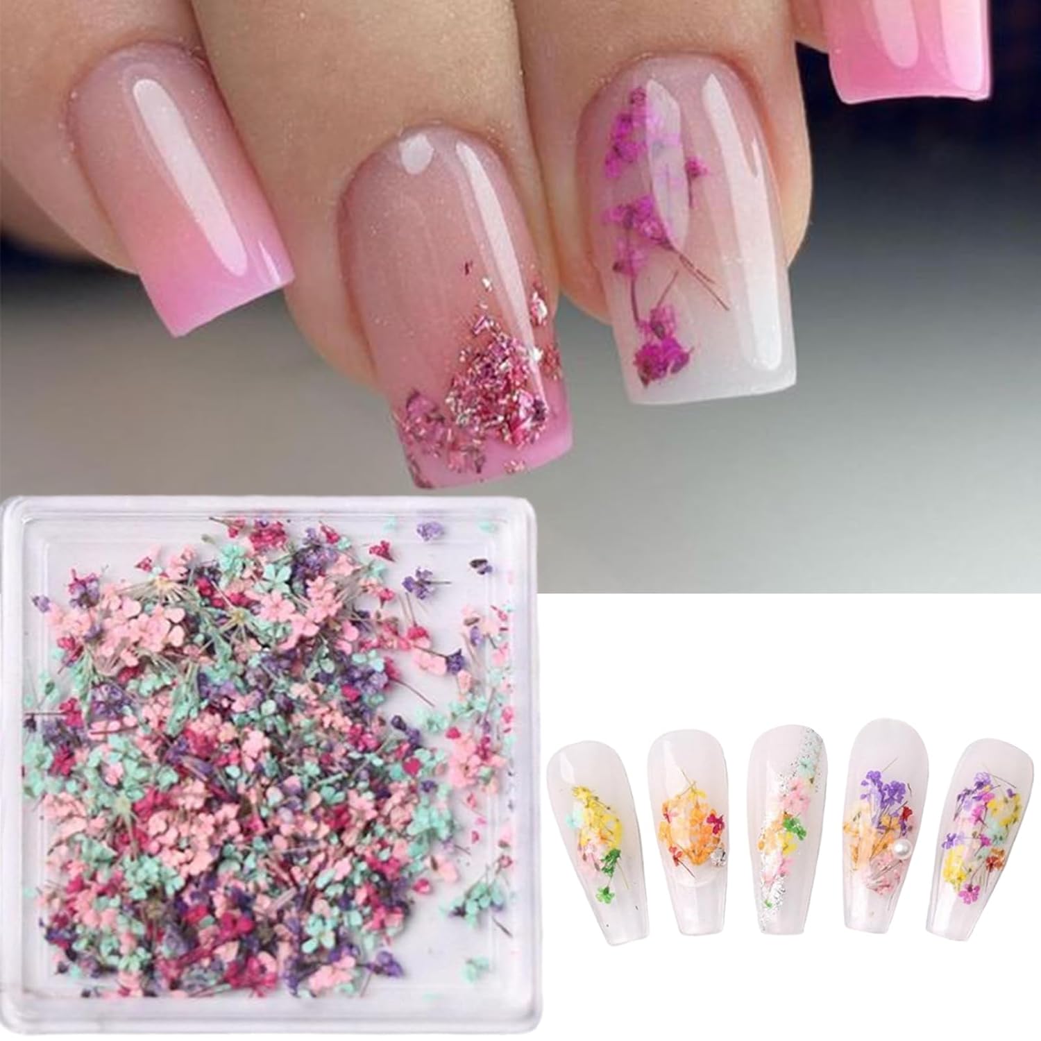1Box Dried Flowers Nail Art Stickers 12 Colors Dry Flowers Mini Real Natural Flowers Nail Decals 3D Gypsophila Floral Nail Sticker for Women Manicure Decoration Makeup DIY Accessories-FemmiqueWomen