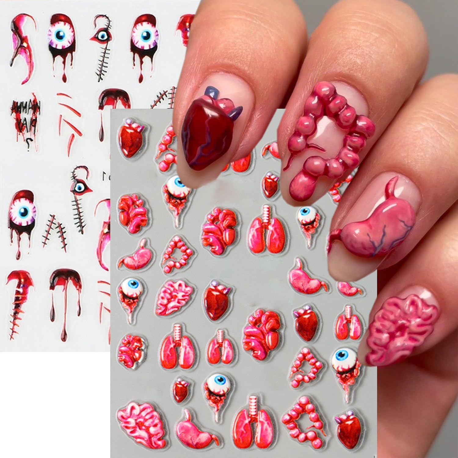 2 Sheets Halloween Horror Nail Art Stickers 5D Embossed Blood Eyes Wounds Pattern Nail Stickers Gothic Horror Day of Death Design Nail Sticker for Women Holiday DIY Manicure Decoration-FemmiqueWomen