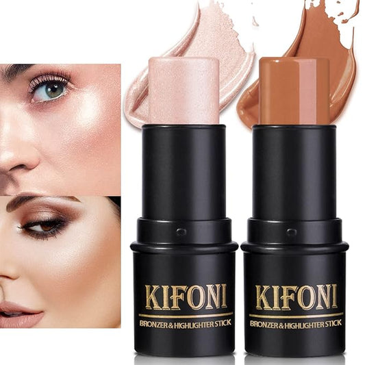 2 Pcs Cream Contour Stick Makeup Kit, Cream Highlighter Stick & Contour Bronzer Stick for Cheeks, Lightweight Blendable Smooth -Highlighter & Bronzer (#04 Light Rose Gold #07 Coffee)-FemmiqueWomen