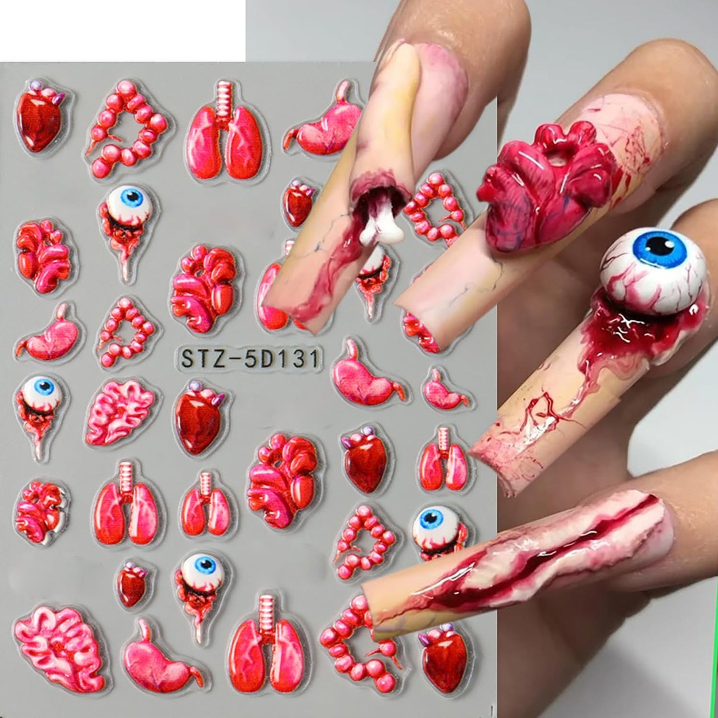 2 Sheets Halloween Horror Nail Art Stickers 5D Embossed Blood Eyes Wounds Pattern Nail Stickers Gothic Horror Day of Death Design Nail Sticker for Women Holiday DIY Manicure Decoration-FemmiqueWomen