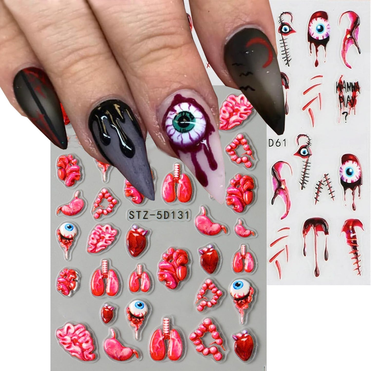 2 Sheets Halloween Horror Nail Art Stickers 5D Embossed Blood Eyes Wounds Pattern Nail Stickers Gothic Horror Day of Death Design Nail Sticker for Women Holiday DIY Manicure Decoration-FemmiqueWomen