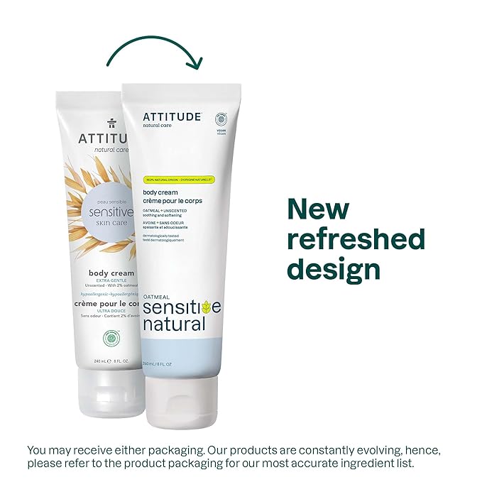ATTITUDE Body Cream for Sensitive Skin with Oat, EWG Verified, Dermatologically Tested, Vegan, Extra Gentle, Unscented, 8 Fl Oz-FemmiqueWomen