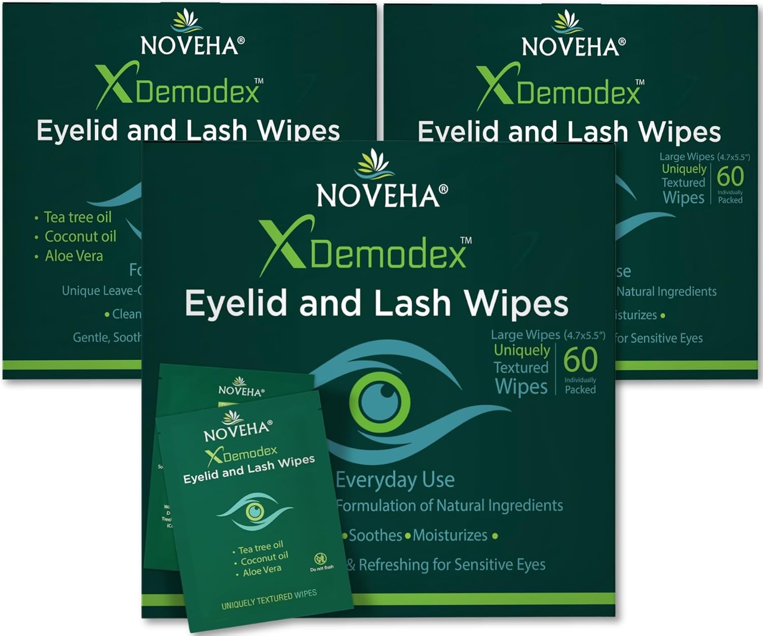 NOVEHA Demodex Eyelid & Lash Wipes | Box of 60 Individually Wrapped Extra Strength Cleansing Eyelash Wipes - Battles Irritated Eyes - Naturally Remove Debris (Pack of 3)-FemmiqueWomen