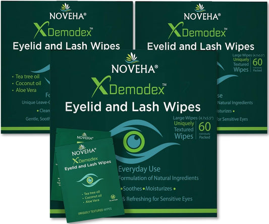 NOVEHA Demodex Eyelid & Lash Wipes | Box of 60 Individually Wrapped Extra Strength Cleansing Eyelash Wipes - Battles Irritated Eyes - Naturally Remove Debris (Pack of 3)-FemmiqueWomen