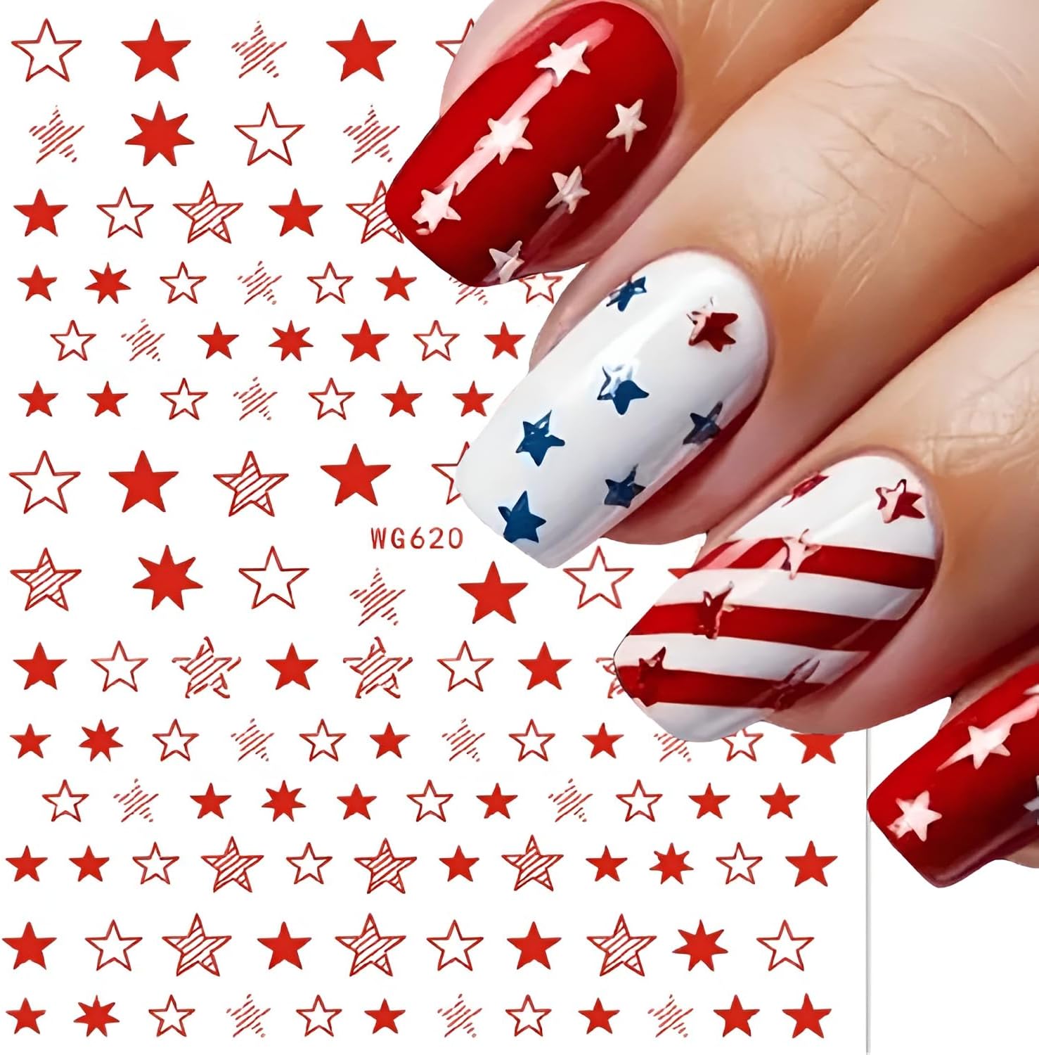 12 Sheets White Blue Red Star Nail Art Stickers 3D Self Adhesive 4th of July Nail Stickers for Nail Art Independence Day Nail Decals Star Nail Supplies Design for DIY Acrylic Nails for Women Girls-FemmiqueWomen