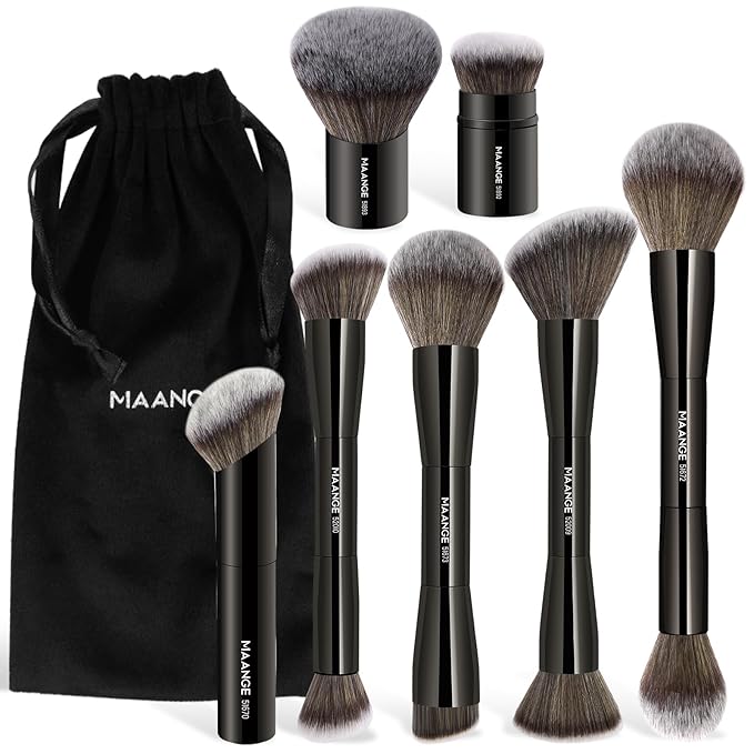 MAANGE 7pcs Makeup Brush Set Double Sided Kabuki Makeup Brushes Contour Brush for Foundation Liquid Powder Concealer Cream Cosmetics Bronzer Blending Blush Buffing Makeup Tools (Black)-FemmiqueWomen