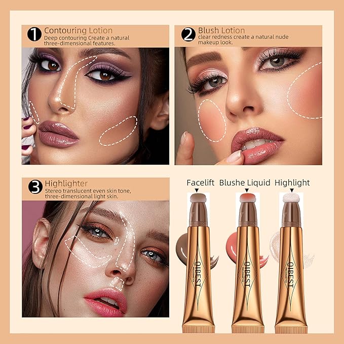 3 Pcs Beauty Wand For Liquid Contour Highlighter and Blush Rouge with Cushion Applicator Attached Easy to Blend, Lightweight Blendable Super Silky Cream Face Illuminator Makeup Stick-FemmiqueWomen