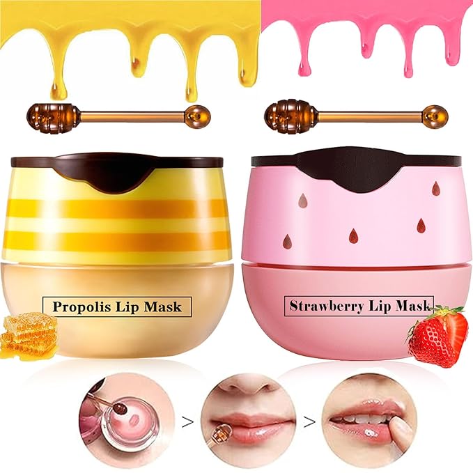2 Pcs Lip Balm Honey Pot Lip Treatment Overnight Lip Sleeping Balm Strawberry Honey Pot lip Mask Moisturizing Exfoliating Prevent Dry & Cracked Diluting Lip Lines (Honey & Strawberry)-FemmiqueWomen