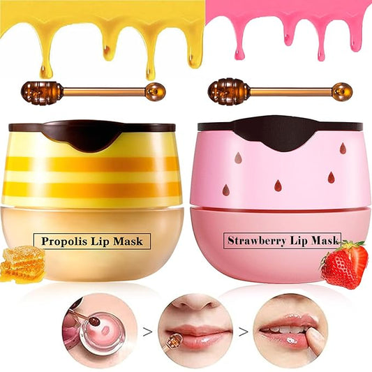 2 Pcs Lip Balm Honey Pot Lip Treatment Overnight Lip Sleeping Balm Strawberry Honey Pot lip Mask Moisturizing Exfoliating Prevent Dry & Cracked Diluting Lip Lines (Honey & Strawberry)-FemmiqueWomen