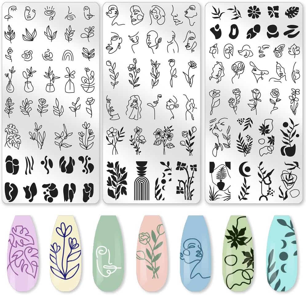 3Pcs Abstract Boho Nail Stamping Plate Set Nail Stamp Templates French Line Tip Lady Face Leaf Floral Metal Reusable Tools with Stamper Scraper for Manicure Printing-FemmiqueWomen