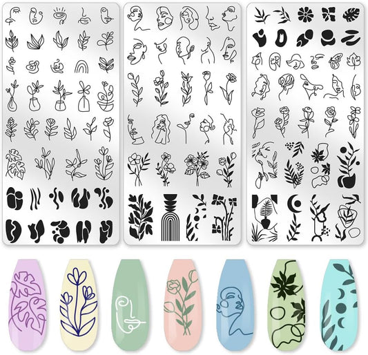 3Pcs Abstract Boho Nail Stamping Plate Set Nail Stamp Templates French Line Tip Lady Face Leaf Floral Metal Reusable Tools with Stamper Scraper for Manicure Printing-FemmiqueWomen