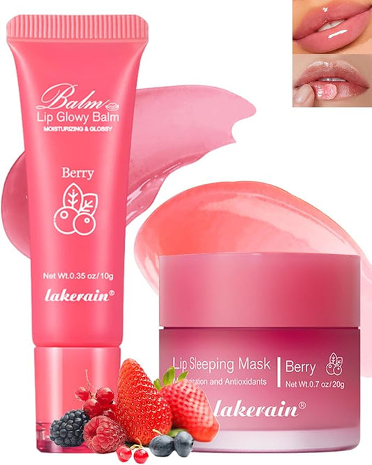 2Pcs Lip Glowy Balm & Lip Sleeping Mask Set,Hydrating Nourishing Repair Sleeping Lip Mask,Glossy Tinted Lip Balm,Day & Night Smooth Cracked Chapped Dry Lip,Lip Care Therapy Treatment for Women-02Berry-FemmiqueWomen