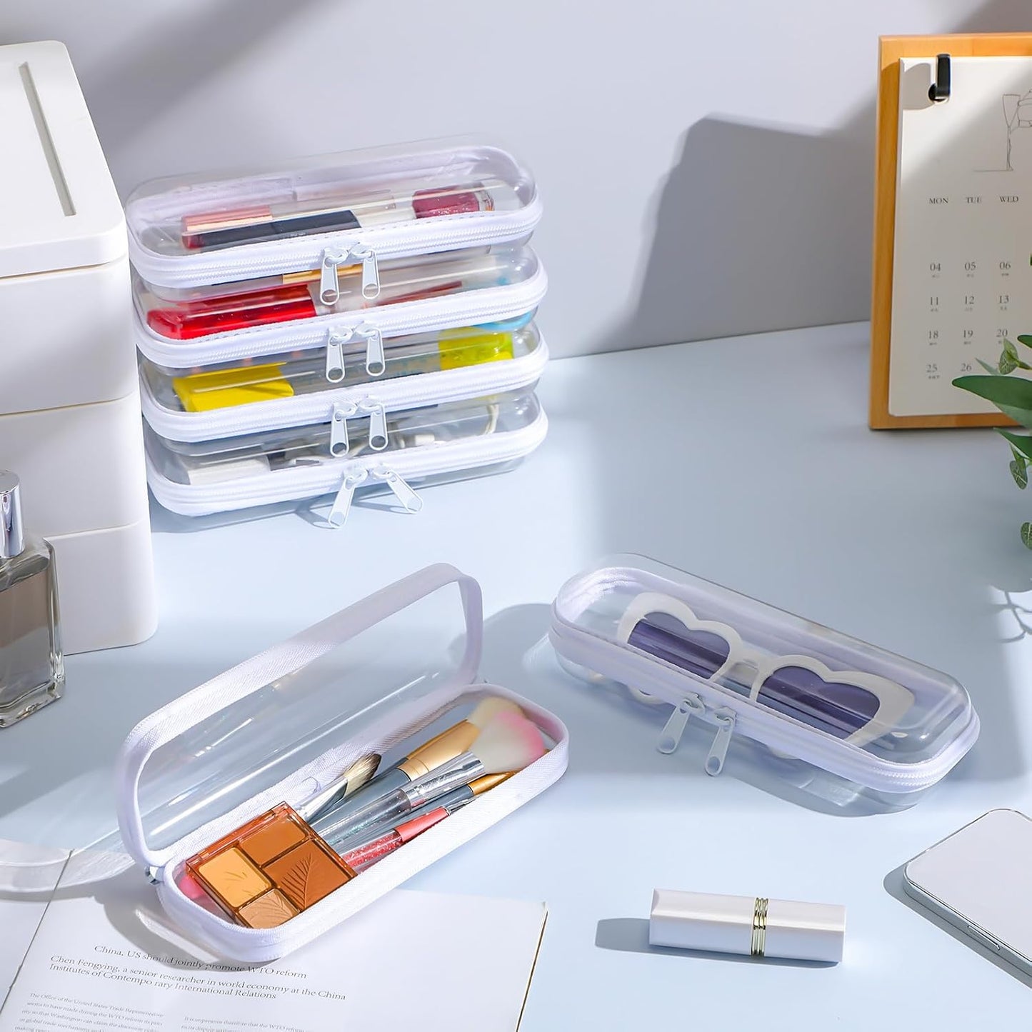 Sanwuta 6 Pcs Clear Hard Zipper Case Pencil Pouches Hard Plastic Zipper Pouches Makeup Bag Transparent Cases for Snacks Plastic Storage Organizer Box for Travel(White,7.87 x 2.56 x 1.57 Inch)-FemmiqueWomen