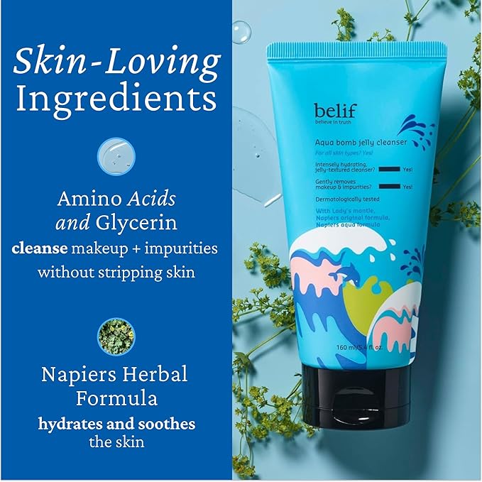 belif Jelly Hydrating Deep Cleanser – Low pH Mild & Gentle Gel-to-Foam Face Wash for Daily Deep Pore Cleansing, Hydrating and Refreshing for All Skin Types, Korean Skincare, 5.41 fl.oz-FemmiqueWomen