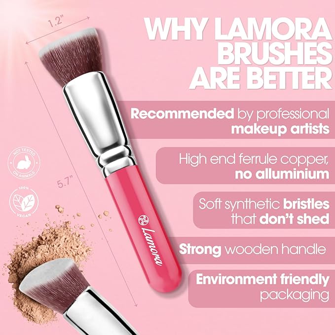 LAMORA Foundation Brush for Liquid Makeup - Kabuki Face Brush for Cream, Powder, Blush, and Concealer - Flat Top Blending, Buffing, Stippling Brush-FemmiqueWomen