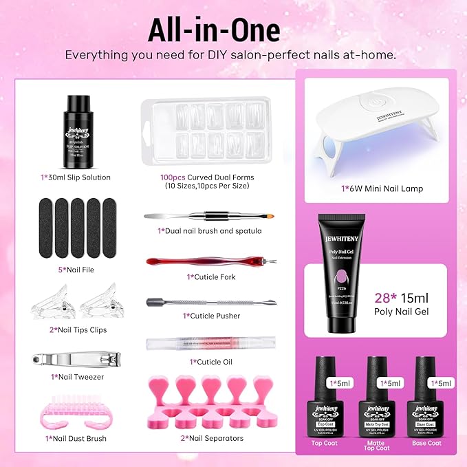 JEWHITENY Poly Gel Nail Kit 28 Colors Nude Gray Glitter with Nail Lamp Base Top Coats Builder Gel All-In-One Set Ideal for Designs DIY At Home Need U V Lamp Curing-FemmiqueWomen