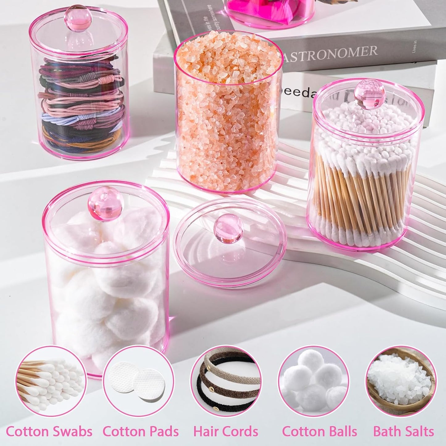 2 Pack Qtip Holder,Canister Apothecary Jar Set, Bathroom Jars with Lids Set for Cotton Swabs, Balls, Pads, Floss Picks,10oz-12oz Plastic Canisters Restroom Bedroom Vanity Organizer(Pink)-FemmiqueWomen