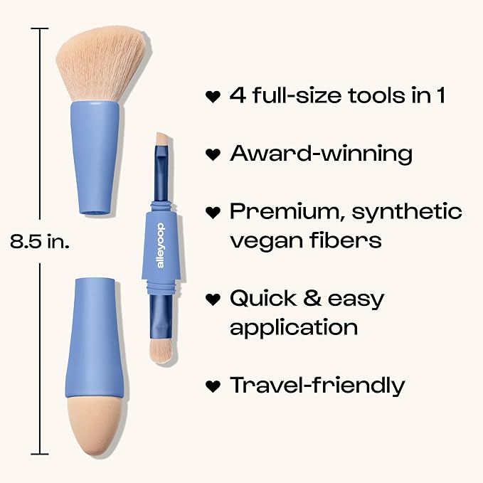 Alleyoop Multi-Tasker 4-in-1 Travel Makeup Brush Set – Compact Makeup Brushes with Blending Sponge, Eyeshadow, Eyebrow & Liner, Blush & Bronzer Brush – Mini Makeup Tools Kit for Women, Vegan-FemmiqueWomen