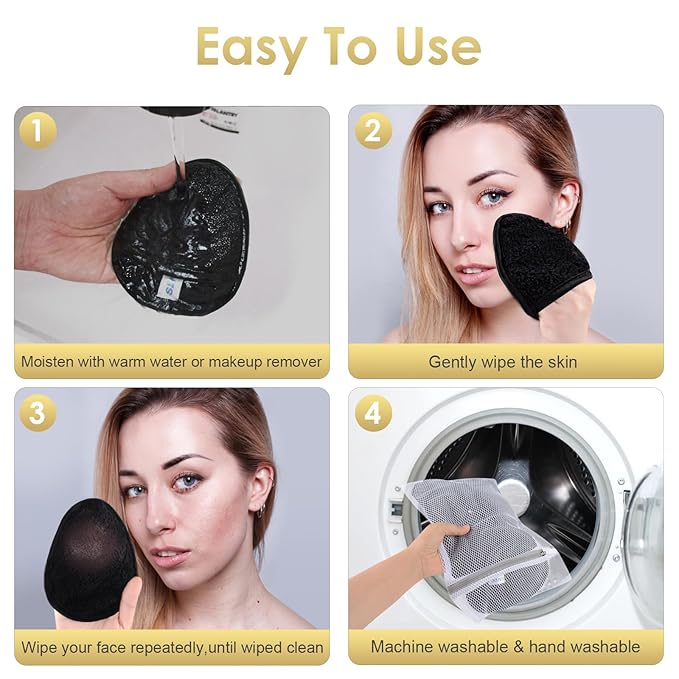 SINLAND Reusable Makeup Remover Pads For Face,Eye,Lips Microfiber Gentle Facial Cleansing Cloths for All Skin Types Friendly for Makeup Remover With Laundry Bag Black Pack of 12-FemmiqueWomen
