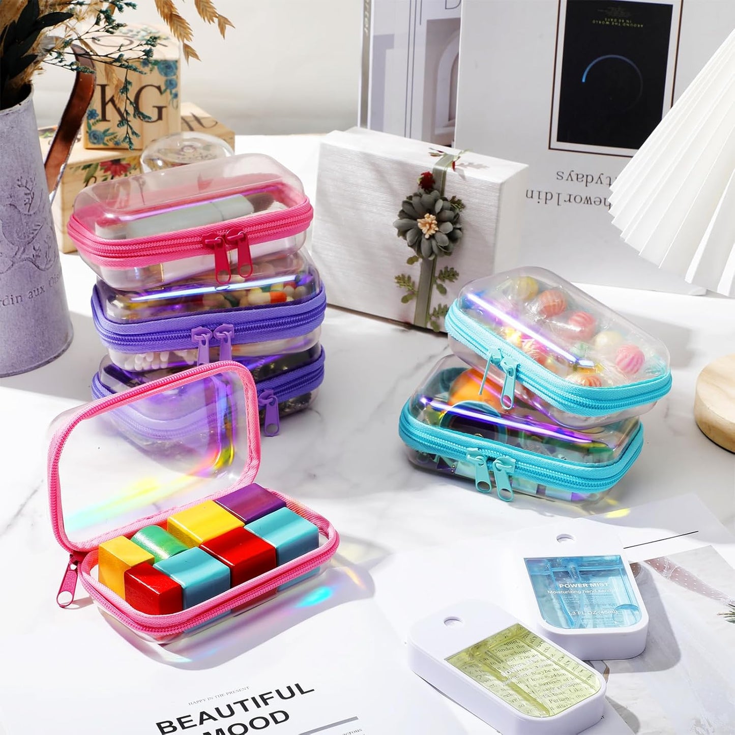 Sanwuta 6 Pcs Clear Hard Zipper Case Pencil Pouches Hard Plastic Zipper Pouches Makeup Bag Transparent Cases for Snacks Plastic Storage Organizer Box for Travel(Holographic,5 x 3 x 2 Inch)-FemmiqueWomen