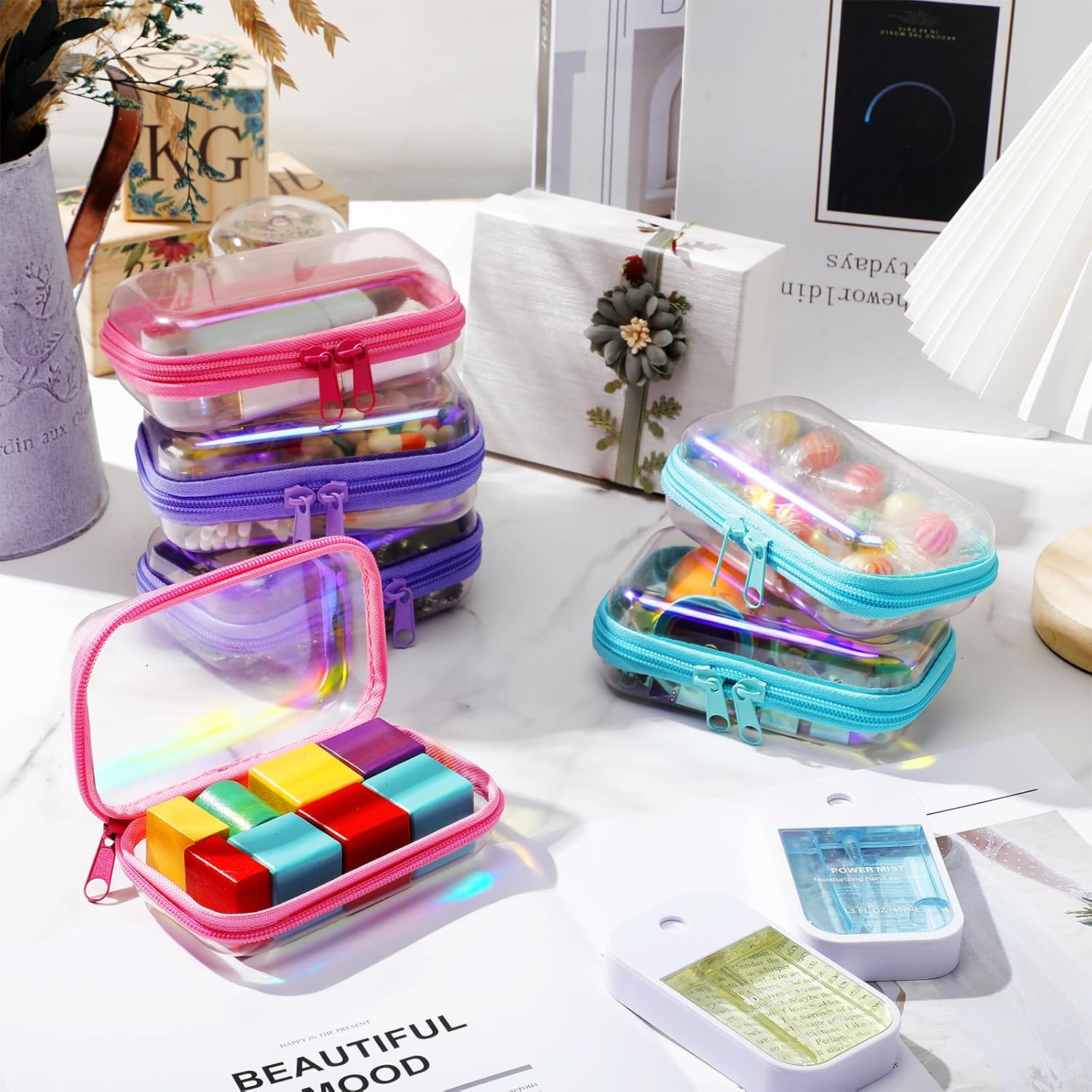Sanwuta 6 Pcs Clear Hard Zipper Case Pencil Pouches Hard Plastic Zipper Pouches Makeup Bag Transparent Cases for Snacks Plastic Storage Organizer Box for Travel(Holographic,5 x 3 x 2 Inch)-FemmiqueWomen