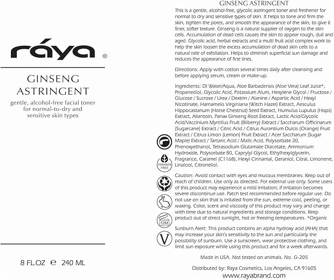 RAYA Ginseng Astringent with AHA 6 oz (G-205) | Gentle Glycolic Facial Toner for Dry and Sensitive Skin | Helps Tighten Pores, Smooth Complexion, and Reduce Fine Lines | Made with Alpha Hydroxy Acids-FemmiqueWomen
