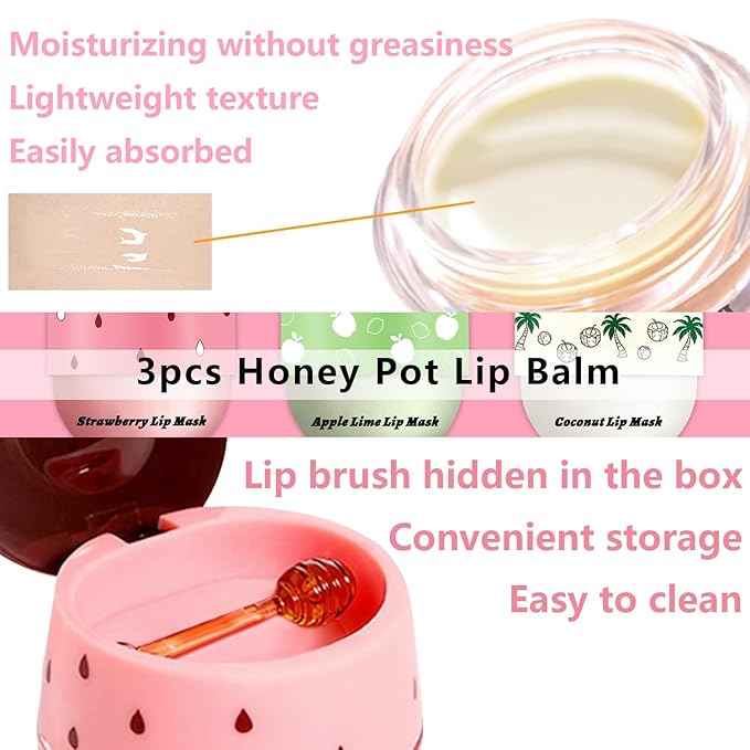 3 PCS Bee Lip Balm Honey Pot, Strawberry & Apple Lime & Coconut Lip Mask Overnight Propolis Moisturizing Lip Balm Hydrating Prevention Dry and Crack Lip Scrubs Exfoliator Lip Wrinkle Care (Set D)-FemmiqueWomen
