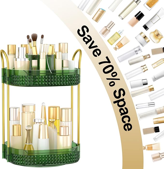360° Rotating Makeup Organizer 2 Tier, Large Skincare Clear Make Up Storage Spinning Perfume Organizers for Bathroom Counter Dresser, Green-FemmiqueWomen