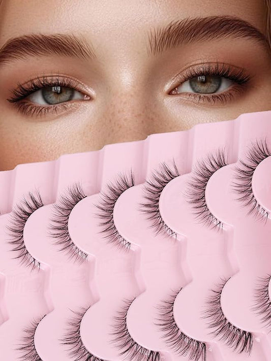 Cat Eyelashes Natural Eye Lashes 12mm False Lashes Wispy Thin Band 3D Volume Fake Eyelash C Curl Lash Pack Natural Look 7 Pair-FemmiqueWomen