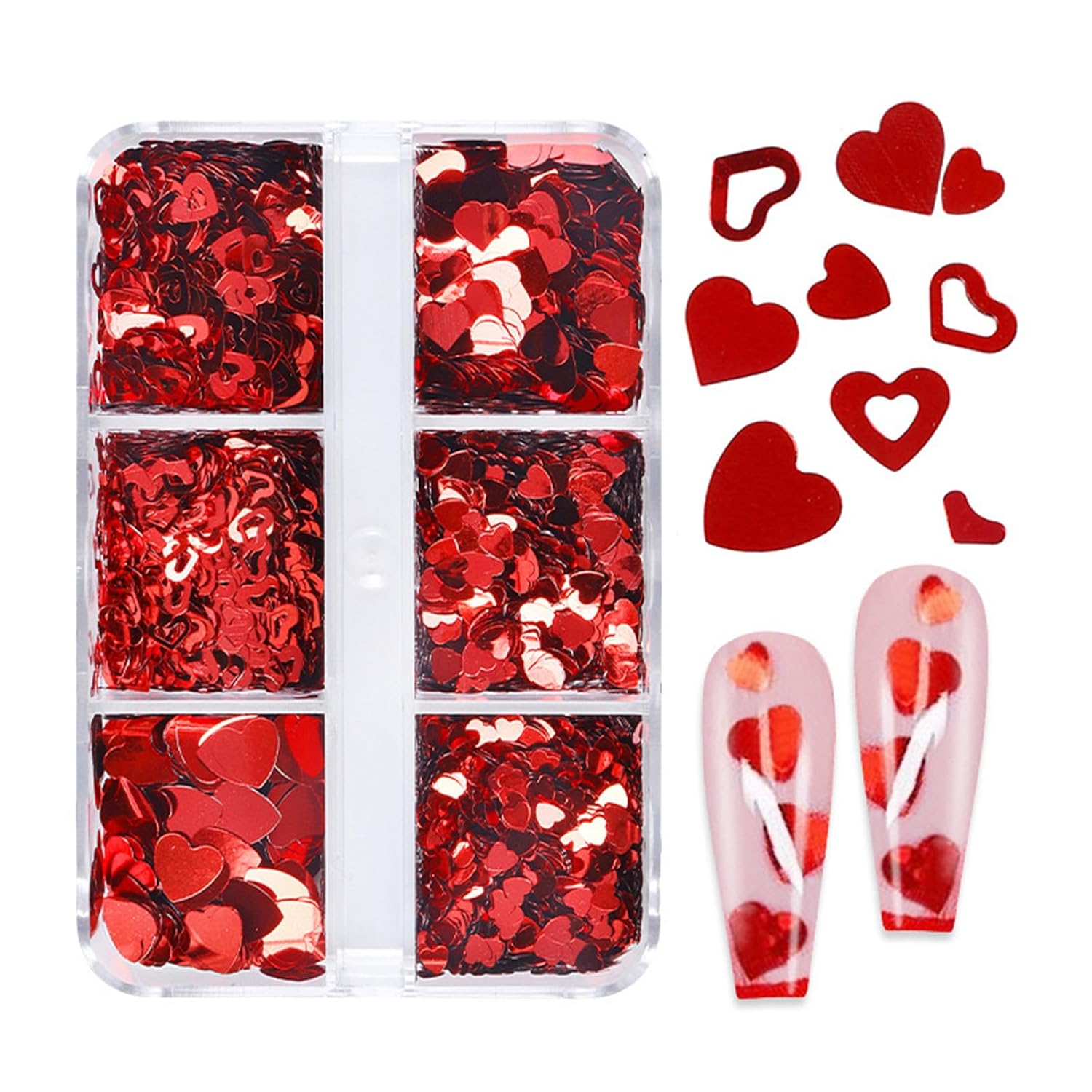 12 Grids Valentine’s Day Nail Art Glitter Sequins 3D Laser Red Pink Heart Glitters Nail Decals，Holographic Love Heart Nail Art Supplies for Women Manicure Charms Decorations Body Makeup Sets-FemmiqueWomen